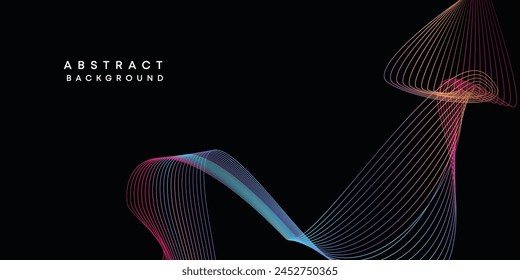 Abstract data visualization, geometric dark blue, orange, green gradient waving lines technology background. Purple, navy blue, red gradient futuristic geometric shiny wave pattern banner background