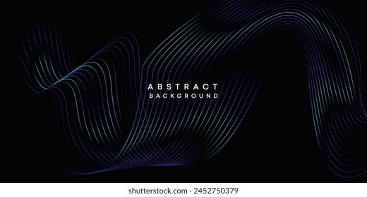 Abstract data visualization, geometric dark blue, orange, green gradient waving lines technology background. Purple, navy blue, red gradient futuristic geometric shiny wave pattern banner background