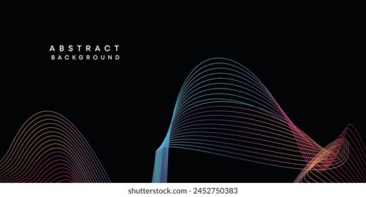 Abstract data visualization, geometric dark blue, orange, green gradient waving lines technology background. Purple, navy blue, red gradient futuristic geometric shiny wave pattern banner background