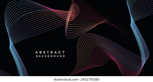 Abstract data visualization, geometric dark blue, orange, green gradient waving lines technology background. Purple, navy blue, red gradient futuristic geometric shiny wave pattern banner background