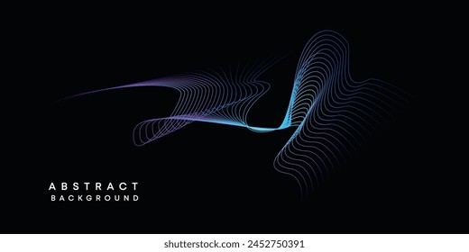 Abstract data visualization, geometric dark blue, orange, green gradient waving lines technology background. Purple, navy blue, red gradient futuristic geometric shiny wave pattern banner background