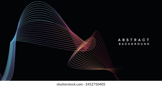 Abstract data visualization, geometric dark blue, orange, green gradient waving lines technology background. Purple, navy blue, red gradient futuristic geometric shiny wave pattern banner background