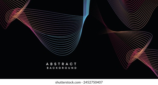 Abstract data visualization, geometric dark blue, orange, green gradient waving lines technology background. Purple, navy blue, red gradient futuristic geometric shiny wave pattern banner background