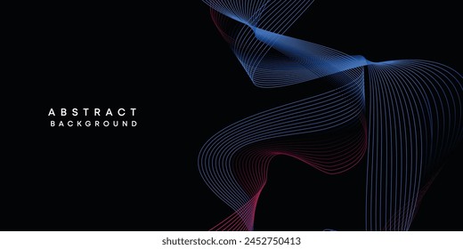 Abstract data visualization, geometric dark blue, orange, green gradient waving lines technology background. Purple, navy blue, red gradient futuristic geometric shiny wave pattern banner background