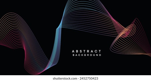 Abstract data visualization, geometric dark blue, orange, green gradient waving lines technology background. Purple, navy blue, red gradient futuristic geometric shiny wave pattern banner background