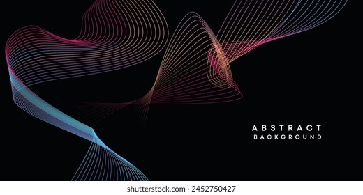 Abstract data visualization, geometric dark blue, orange, green gradient waving lines technology background. Purple, navy blue, red gradient futuristic geometric shiny wave pattern banner background