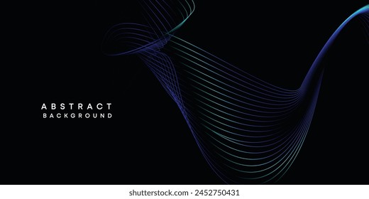 Abstract data visualization, geometric dark blue, orange, green gradient waving lines technology background. Purple, navy blue, red gradient futuristic geometric shiny wave pattern banner background