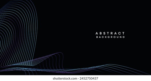 Abstract data visualization, geometric dark blue, orange, green gradient waving lines technology background. Purple, navy blue, red gradient futuristic geometric shiny wave pattern banner background