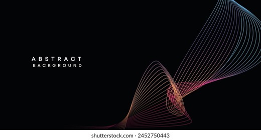 Abstract data visualization, geometric dark blue, orange, green gradient waving lines technology background. Purple, navy blue, red gradient futuristic geometric shiny wave pattern banner background