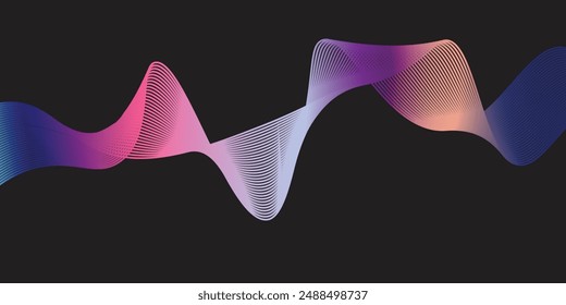 Abstract data visualization, geometric dark blue, orange, green gradient waving lines technology background. Purple, navy blue, red gradient futuristic