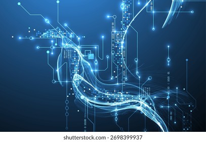 Abstract data wave with futuristic circuit lines. Technology concept. Vector
