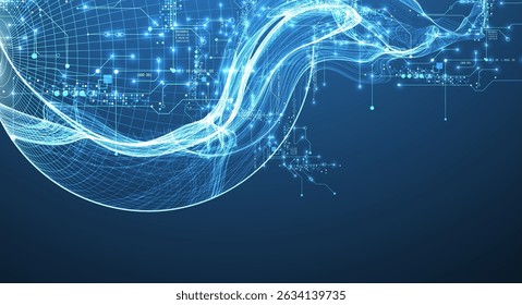Abstract data wave with sphere and futuristic circuit lines. Technology concept. Vector