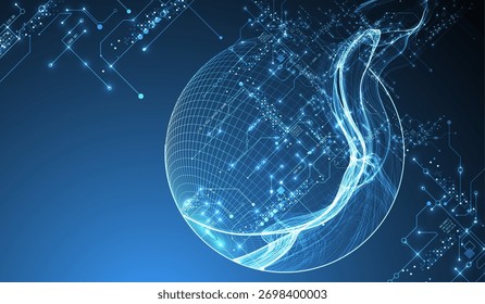Onda de dados abstrata com esfera e linhas de circuito futurista. Conceito de tecnologia. Vetor