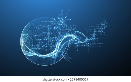 Abstract data wave with sphere and futuristic circuit lines. Technology concept. Vector