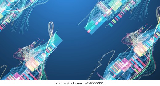 Abstract data waveform background with dynamic lines, grids, and color bars. Vector illustration.