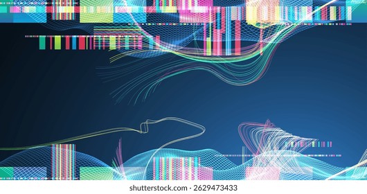 Abstract data waveform background with dynamic lines, grids, and color bars. Vector illustration.