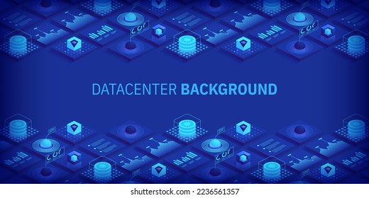 Abstract datacenter or blockchain vector isometric background Hosting server room cloud storage technology and big data processing Digital information Network mainframe infrastructure website layout