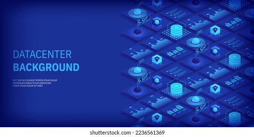 Abstract datacenter or blockchain vector isometric background Hosting server room cloud storage technology and big data processing Digital information Network mainframe infrastructure website layout