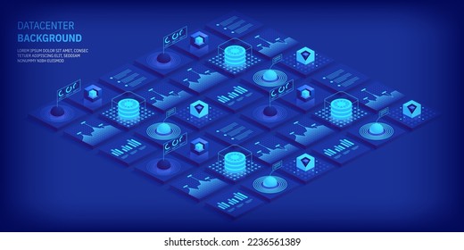 Abstract datacenter or blockchain vector isometric background Hosting server room cloud storage technology and big data processing Digital information Network mainframe infrastructure website layout