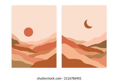 Abstract day night landscape poster set. Nature contemporary mountain prints, hand drawn backgrounds. Minimalist vector illustration