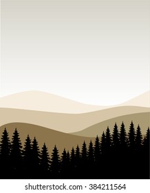 Abstract daylight coniferous landscape in broun tones.Wild coniferous forest background. Pine tree, landscape nature, wood natural panorama. Outdoor camping design template. Vector illustration