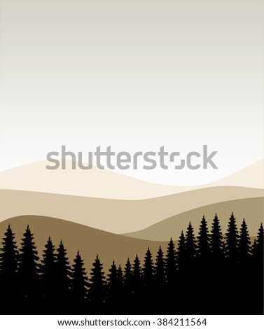 Abstract daylight coniferous landscape in broun tones.Wild coniferous forest background. Pine tree, landscape nature, wood natural panorama. Outdoor camping design template. Vector illustration