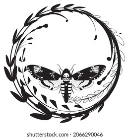Resumen de la polilla de halcón de la cabeza de la muerte, Acherontia atropos mariposa ilustración en blanco y negro.