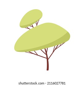 Abstract deciduous forest tree. Wood foliage plant with lush crown and trunk. Botanical flat cartoon vector illustration isolated on white background