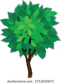 Abstractas árbol caducifolio con corona verde en estilo de dibujos animados aislado sobre fondo blanco	