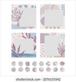 Abstract decor with plants. A set of spotted flowers in the boho style. Creative templates for social networks