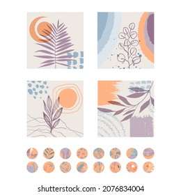 Abstract decor with plants. A set of spotted flowers in the boho style. Creative templates for social networks
