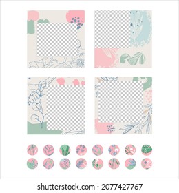 Decoración abstracta con plantas. Un conjunto de flores manchadas al estilo boho. Plantillas creativas para redes sociales