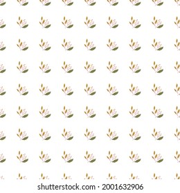Abstract decor seamless floral pattern with little orange berries and leaves silhouettes. White background. Great for fabric design, textile print, wrapping, cover. Vector illustration.