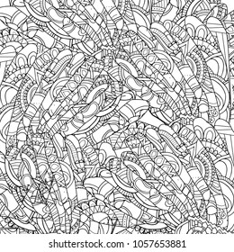 Abstract decoracive zentangle pattern of fethers and plants. Adult coloring book page style. Monochrome zendoodle background