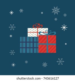 Abstract decorated boxes in wrapping paper. Christmas decoration icon. Colorful flat style. Holiday gift case in decorative packing, ribbon and band. Stylized vector box symbol silhouette isolated