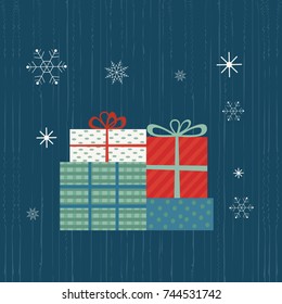 Abstract decorated boxes in wrapping paper. Christmas decoration icon. Retro colors flat style. Holiday gift case in decorative packing, ribbon and band. Stylized vector box symbol silhouette isolated