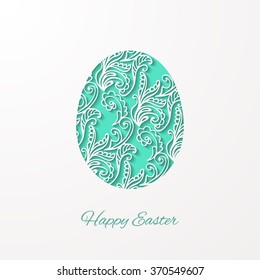 Abstract decorated Easter egg with shadow. Cutout lacy ornamental egg. Happy Easter greeting card. Vector illustration Eps 10