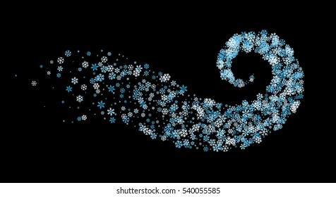 Abstract decoration or background of snowflakes twisted in vortex. Trail of blue shades particle on black background. Design for festive banner, greeting card, invitation. Vector illustration.