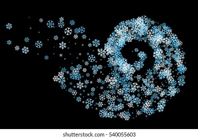 Abstract decoration or background of snowflakes twisted in vortex. Trail of blue shades particle on black background. Design for festive banner, greeting card, invitation. Vector illustration.