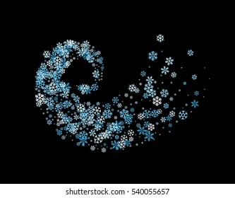 Abstract decoration or background of snowflakes twisted in vortex. Trail of blue shades particle on black background. Design for festive banner, greeting card, invitation. Vector illustration.