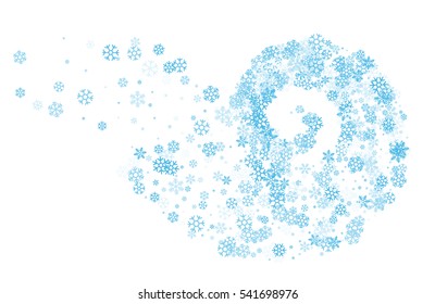Abstract decoration or background of snowflakes twisted in vortex. Trail of blue shades particle on white background. Design for festive banner, greeting card, invitation. Vector illustration.