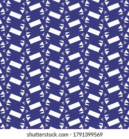 Abstract decoration consisting of rectangles, triangles, other geometric elements and some small signs. Graphics in blue and white. Textile pattern.