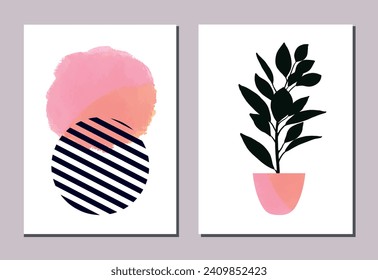 Abstract decoration form watercolor shapes with plant in flowerpot. Vector illustration