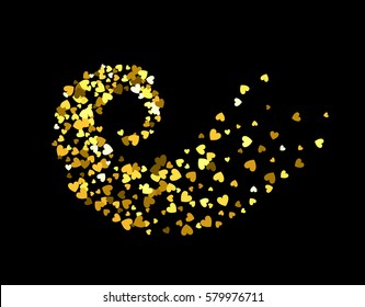 Abstract decoration of gold hearts twisted in vortex. Design element for festive banner, greeting card, postcard, wedding invitation, Valentines day and save the date card. Vector illustration.