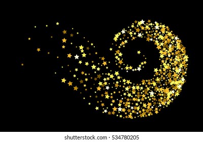 Abstract decoration of gold star twisted in swirl or vortex. Glowing trail of sparkling particle. Spiral stream of glitter. Design for festive banner, greeting card, invitation. Vector illustration