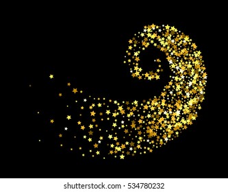 Abstract decoration of gold star twisted in swirl or vortex. Glowing trail of sparkling particle. Spiral stream of glitter. Design for festive banner, greeting card, invitation. Vector illustration