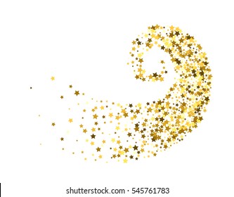 Abstract decoration of gold star twisted in swirl or vortex. Glowing trail of sparkling particle. Spiral stream of glitter. Design for festive banner, greeting card, invitation. Vector illustration.