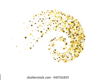 Abstract decoration of gold star twisted in swirl or vortex. Glowing trail of sparkling particle. Spiral stream of glitter. Design for festive banner, greeting card, invitation. Vector illustration.