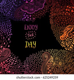 Abstract decoration, invitation card with ornate detailed doodle ornament. Template frame design for card. Useful for packaging, invitations, decoration, bag template, etc