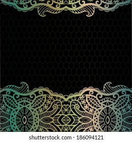 Abstract decoration, lace frame border pattern, vintage card with damask background, luxury golden green and black design, vector illustration